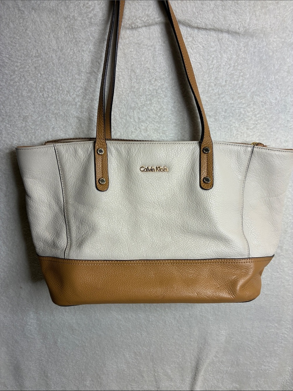 Calvin Klein White and Tan Two-Tone Leather Satchel